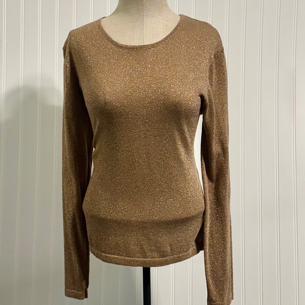 Carole Little Sport Womens Gold Metallic Glitter Top M Long Sleeve Shimmer‎ VTG